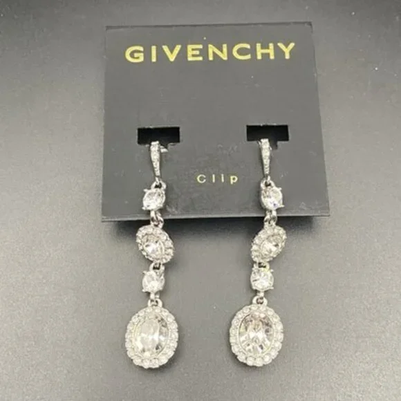 NWT Givenchy Clip Earrings Crystal Halo Set 2.5" Drop Silver Tone Bridal Pageant - Picture 2 of 7